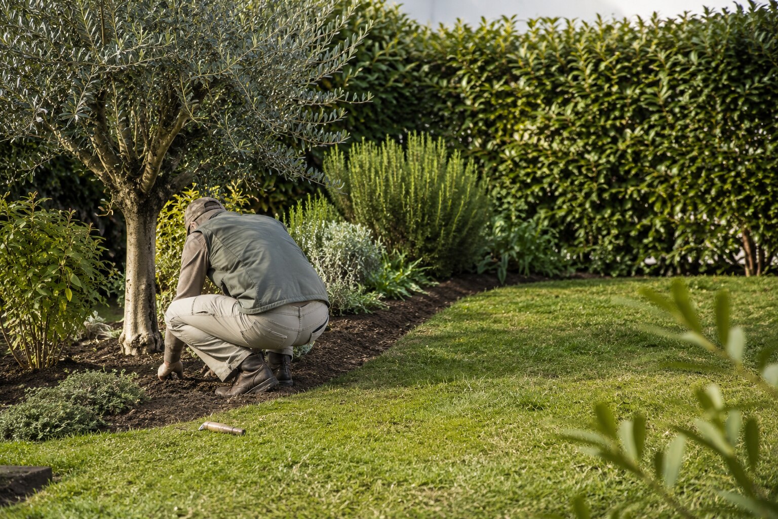 Giardiniere che cura il bordo di un prato in un giardino mediterraneo