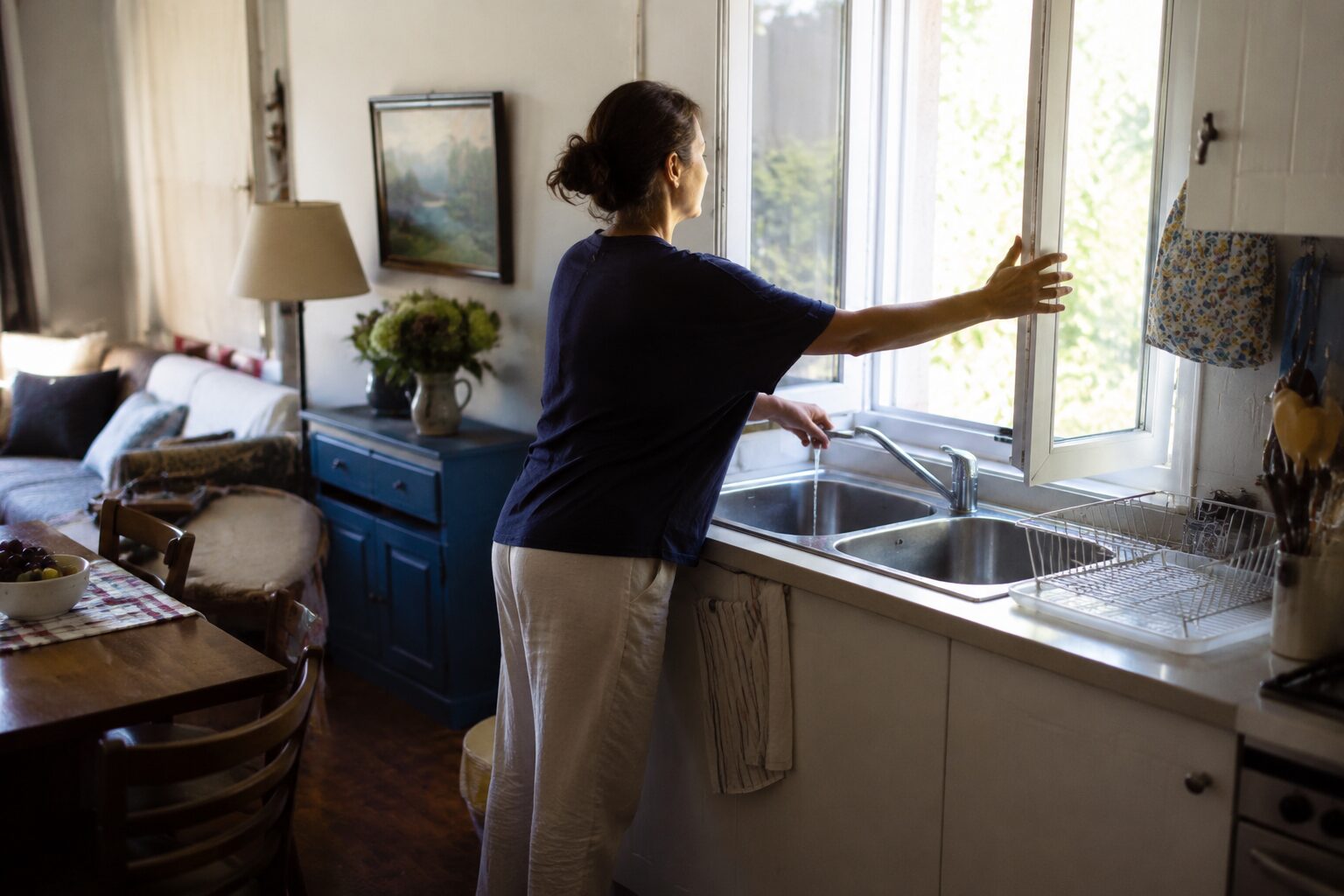 Persona che arieggia e controlla una seconda casa prima dell’arrivo