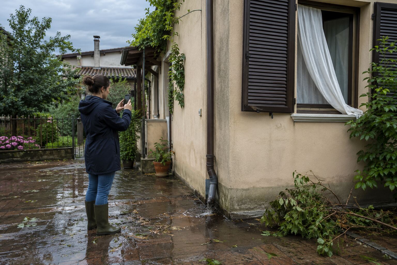 Persona che documenta da terra gli effetti di un temporale intorno a una casa